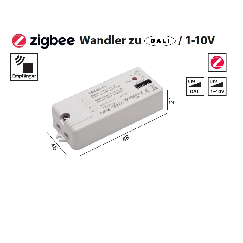 Zigbee Funk- Steuermodul  für DALI /Push Geräte
230V/AC L=95 B=46 H=21mm IP20