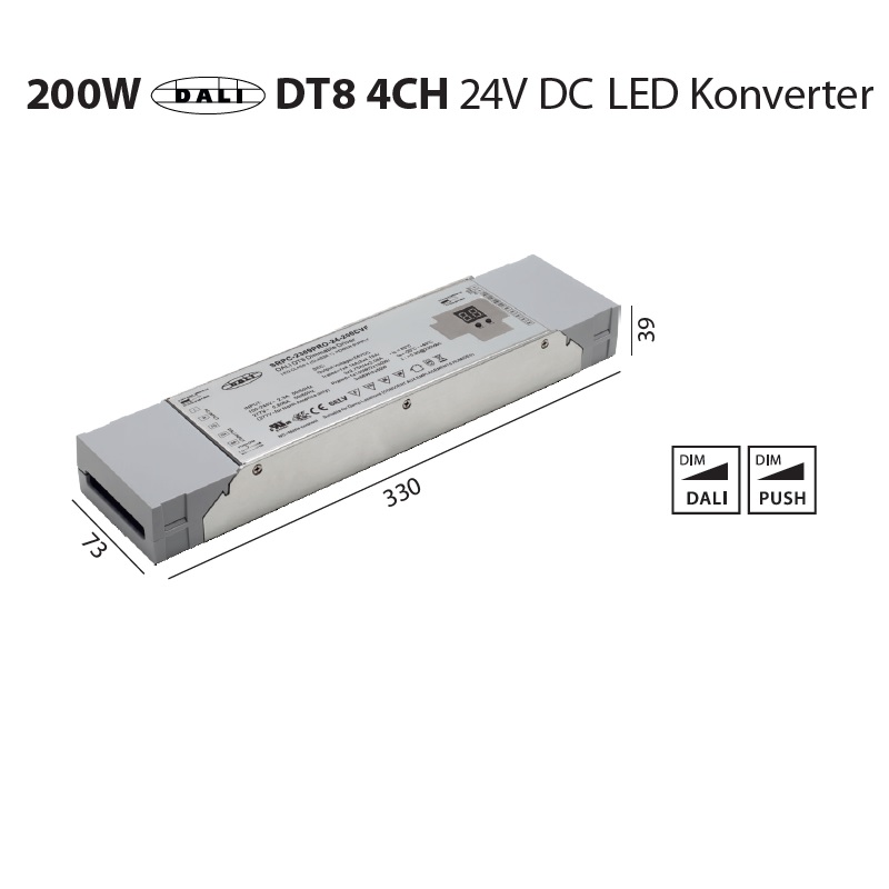 Konverter DALI DT8  24V 4-CH 200W 
240V /L=330 B=79 H=39 / IP20