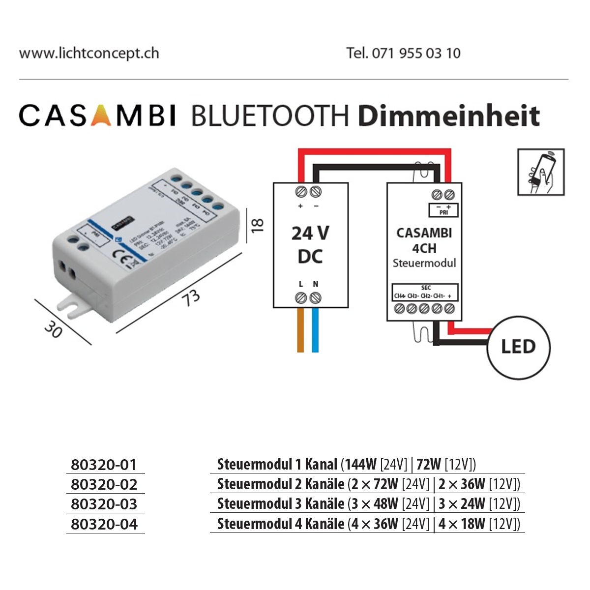 Casambi Dimmeinheit PWM 2-Kanal 24V für Led Strip
DC 24V 2 x72W L=73 B=30 H=18mm IP20