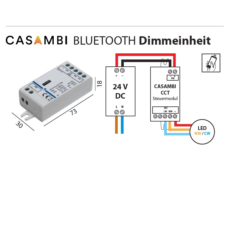 Casambi Dimmeinheit PWM 24V für CCT-Led Strip
DC 24V 2 x144W L=73 B=30 H=18mm IP20