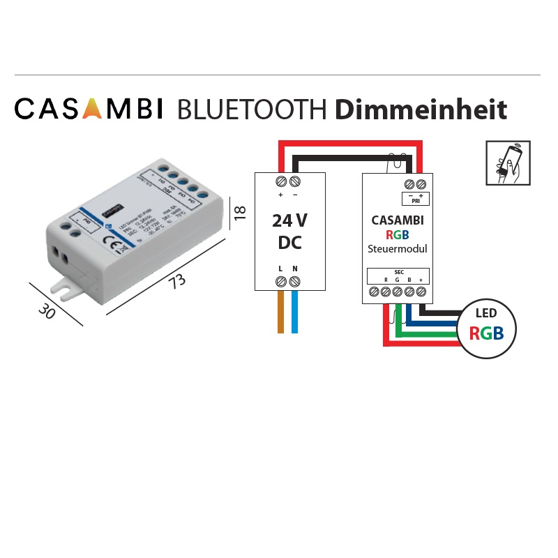 Casambi Dimmeinheit 24V für RGB-Led Strip
DC 24V 3x48W L=73 B=30 H=18mm IP20
