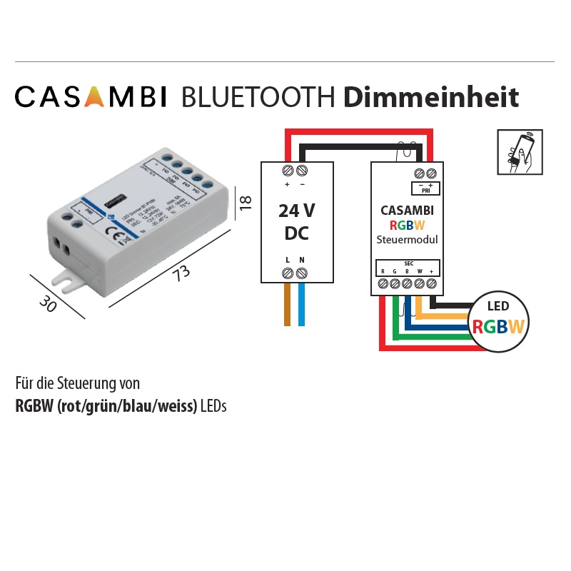 Casambi Dimmeinheit 24V für RGB-W Led Strip
DC 24V 4x36W L=73 B=30 H=18mm IP20