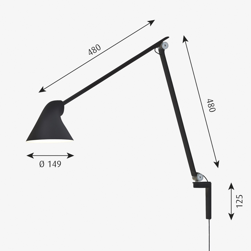Wandlleuchte NJP 10W 2700K schwarz langer Arm
240V 529Lm D=149mm L=2x480mm/ IP20 - Image 2